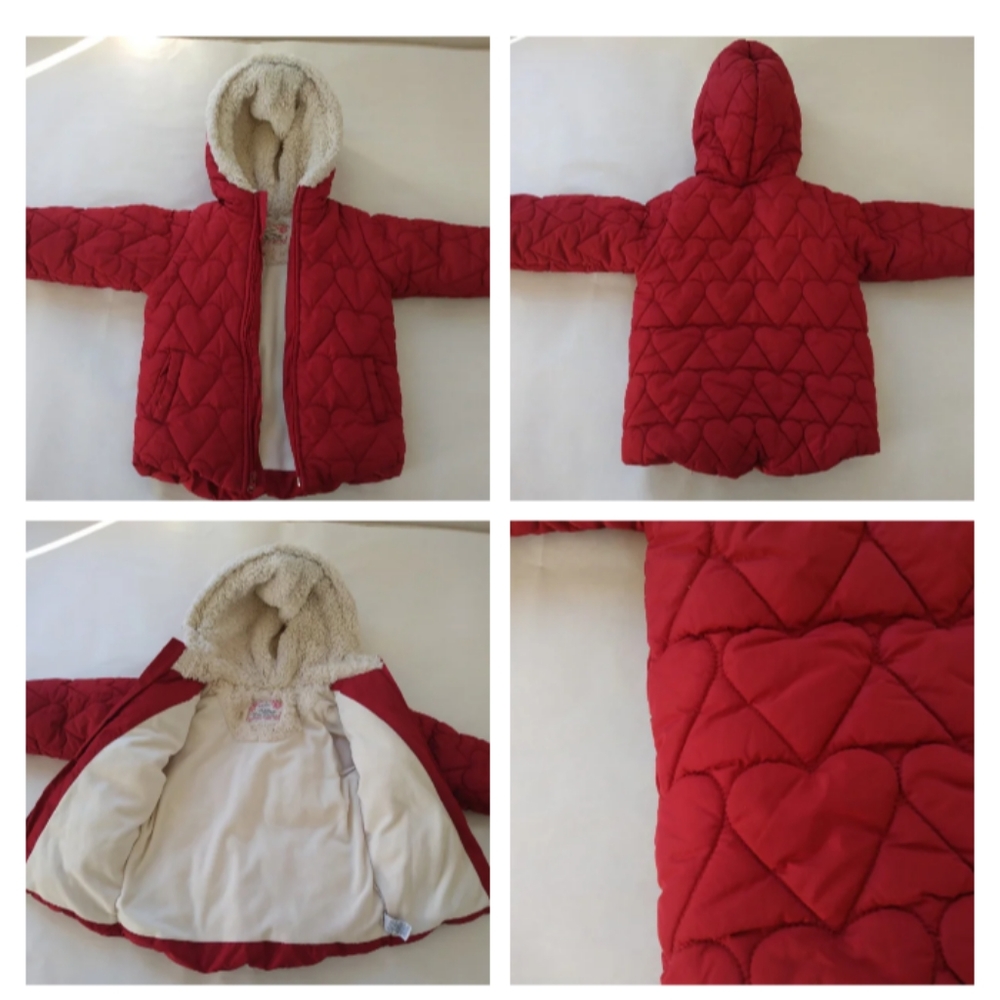 Old Navy Red Quilted-Heart Hooded Snap-Front Jacket for Baby, Size 5T, front zip